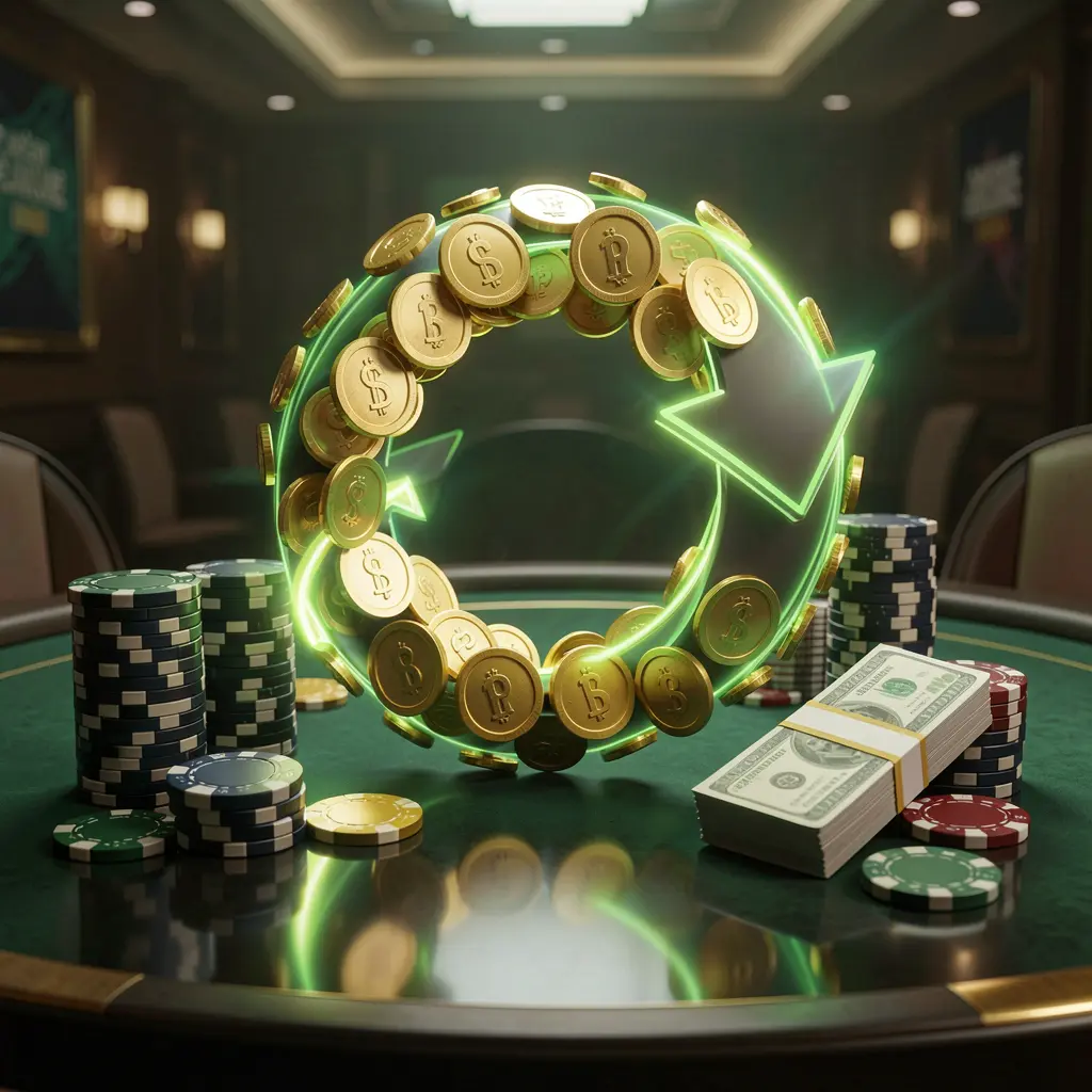 QQQTK casino cashback bonus visual featuring golden coins returning in a circular arrow motion with poker chips and cash bundles on a glossy dark table illuminated by glowing green and gold accents in a premium online casino style