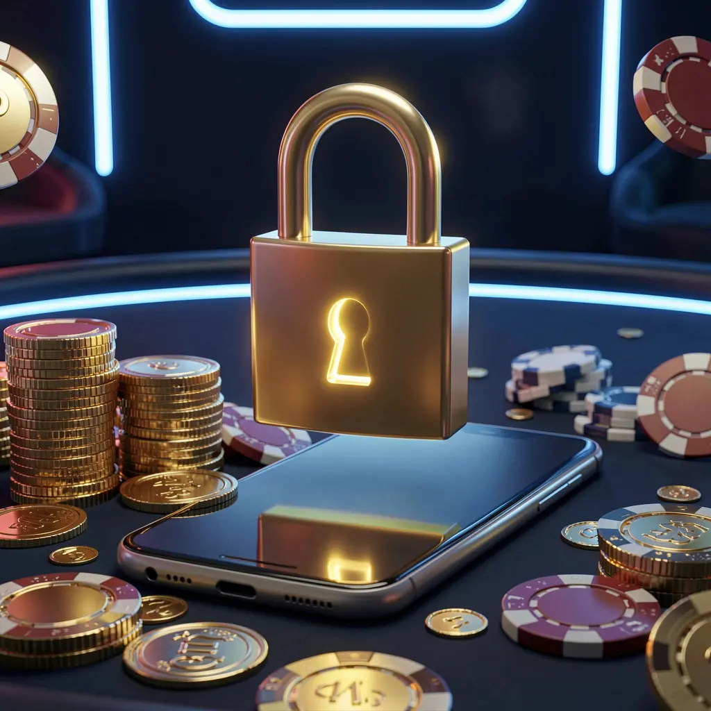 QQQTK casino login security image showing a glowing padlock floating above a smartphone with golden coins and chips scattered around on a dark blue neon background