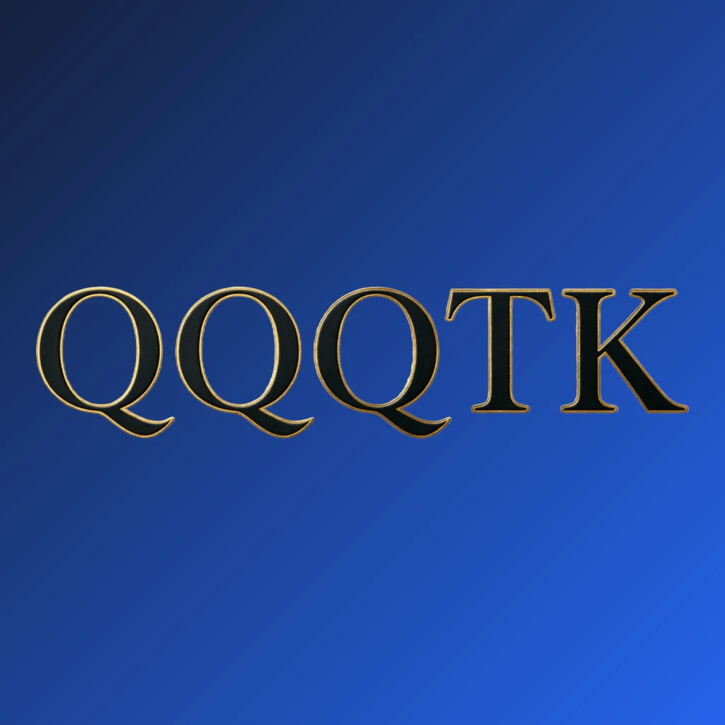 Luxury horizontal rectangular wordmark logo for QQQTK in gold and black with elegant serif typography and minimal ornament details on a transparent background