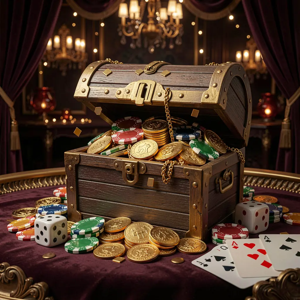 QQQTK online casino welcome banner featuring a treasure chest filled with golden coins and casino chips, playing cards and dice nearby against a dark luxury background creating a festive premium atmosphere